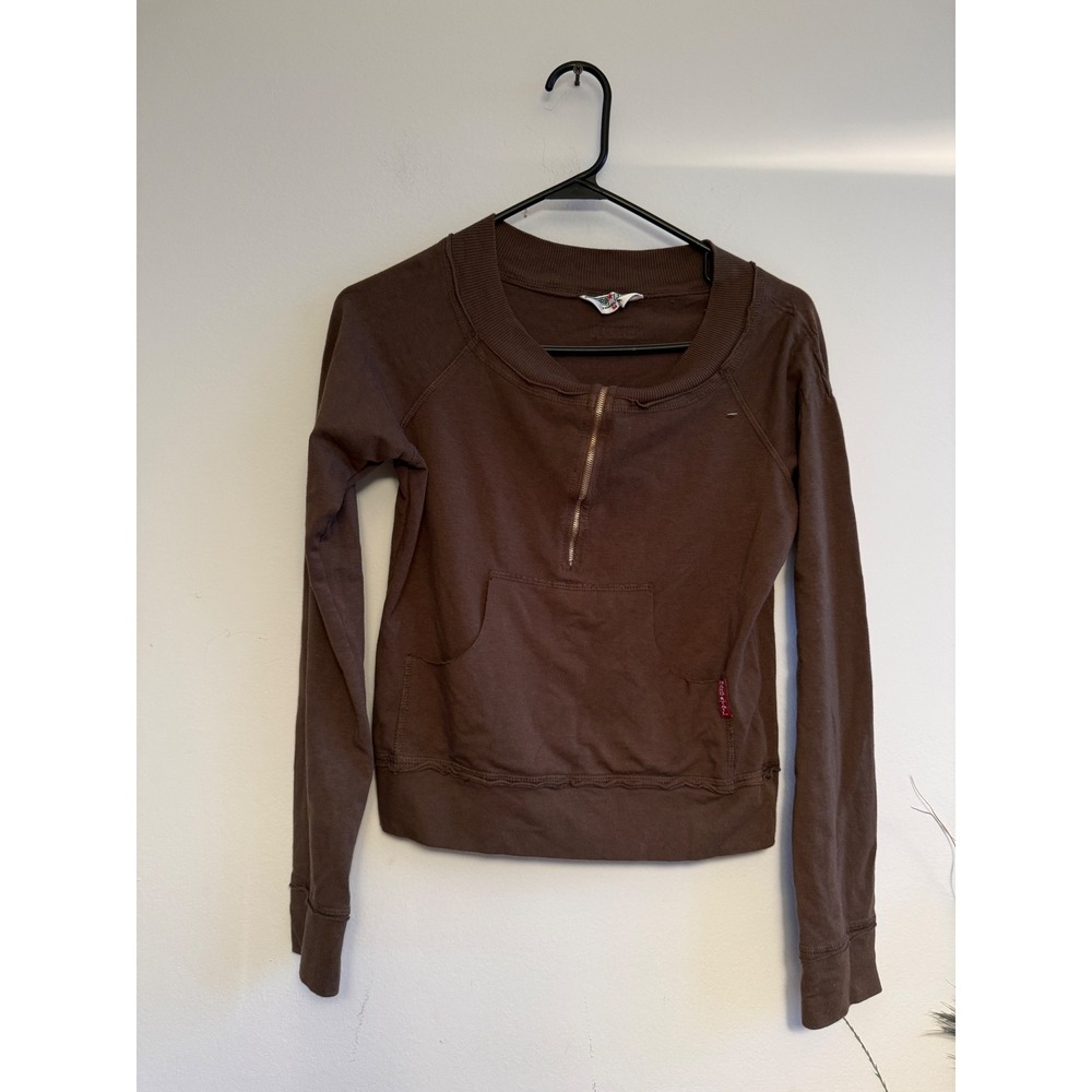 Hard Tail Forever Womens Brown Quarter Zip Pullover Kangaroo Pocket Top Size M